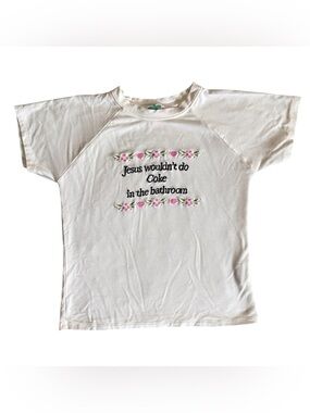 omighty White Statement Tee with Pink Floral Embroidery & Black Text
